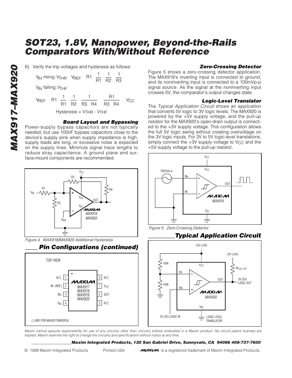 Typical application circuit, Pin configurations (continued), Board layout and bypassing | Zero-crossing detector, Logic-level translator | Rainbow Electronics MAX920 User Manual | Page 12 / 12