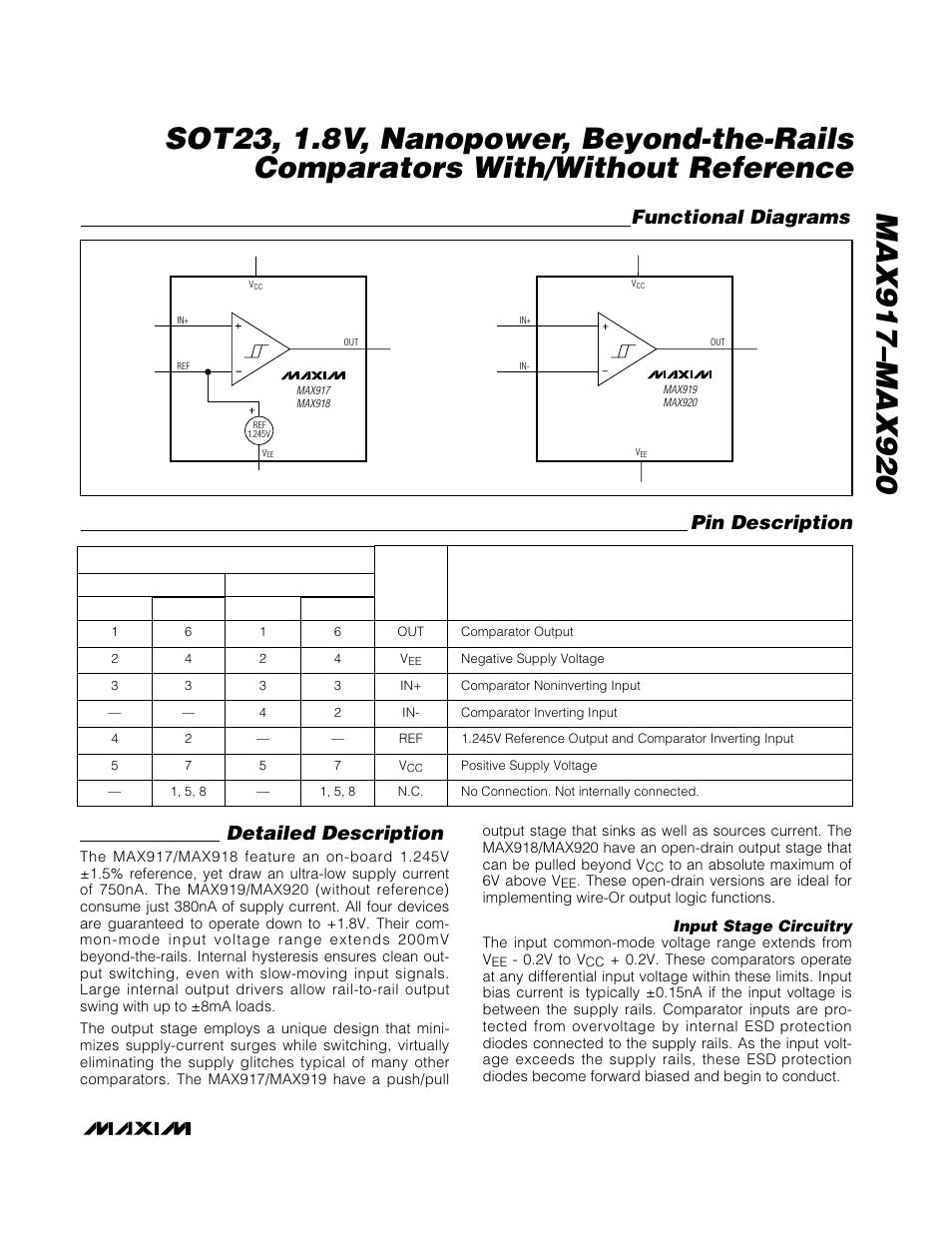 Pin description functional diagrams, Detailed description, Input stage circuitry | Rainbow Electronics MAX920 User Manual | Page 9 / 12