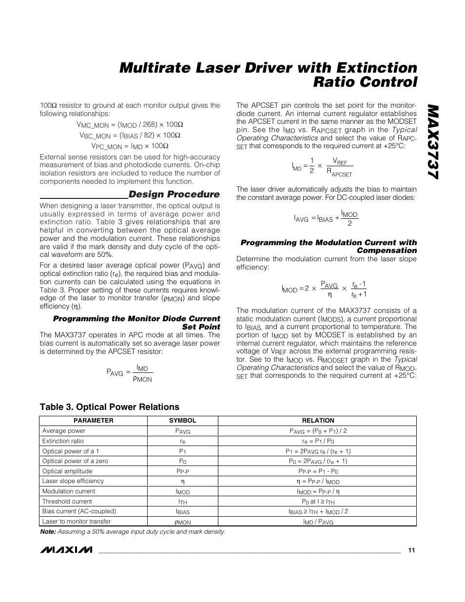 Design procedure, Table 3. optical power relations | Rainbow Electronics MAX3737 User Manual | Page 11 / 17