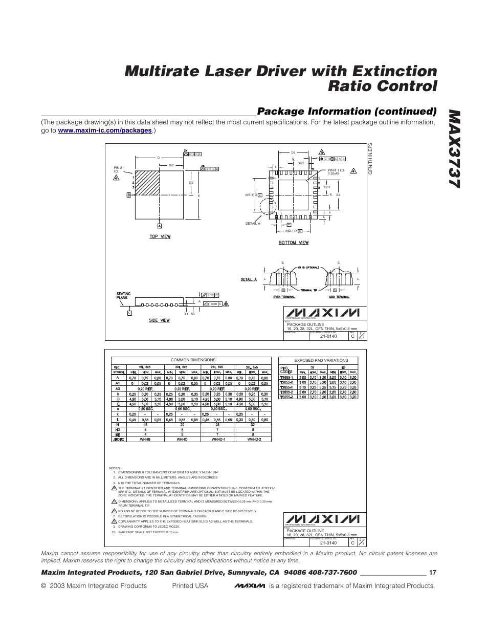 Package information (continued) | Rainbow Electronics MAX3737 User Manual | Page 17 / 17
