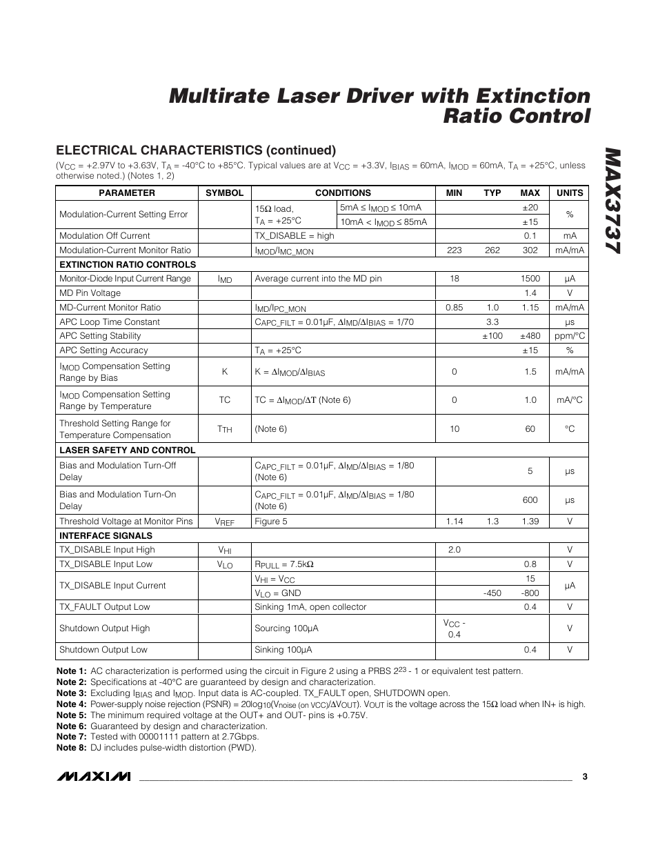 Electrical characteristics (continued) | Rainbow Electronics MAX3737 User Manual | Page 3 / 17
