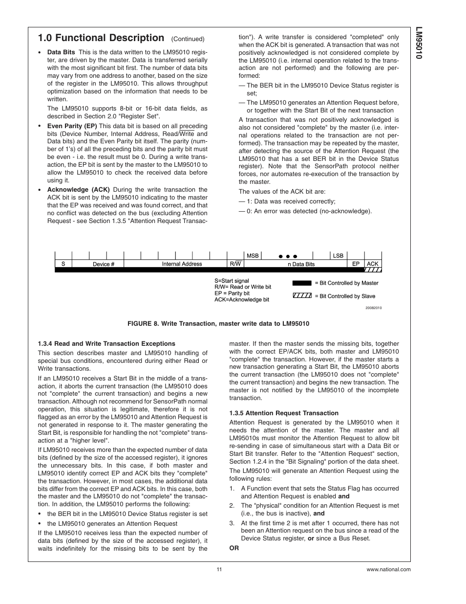 4 read and write transaction exceptions, 5 attention request transaction, 0 functional description | Rainbow Electronics LM95010 User Manual | Page 11 / 19
