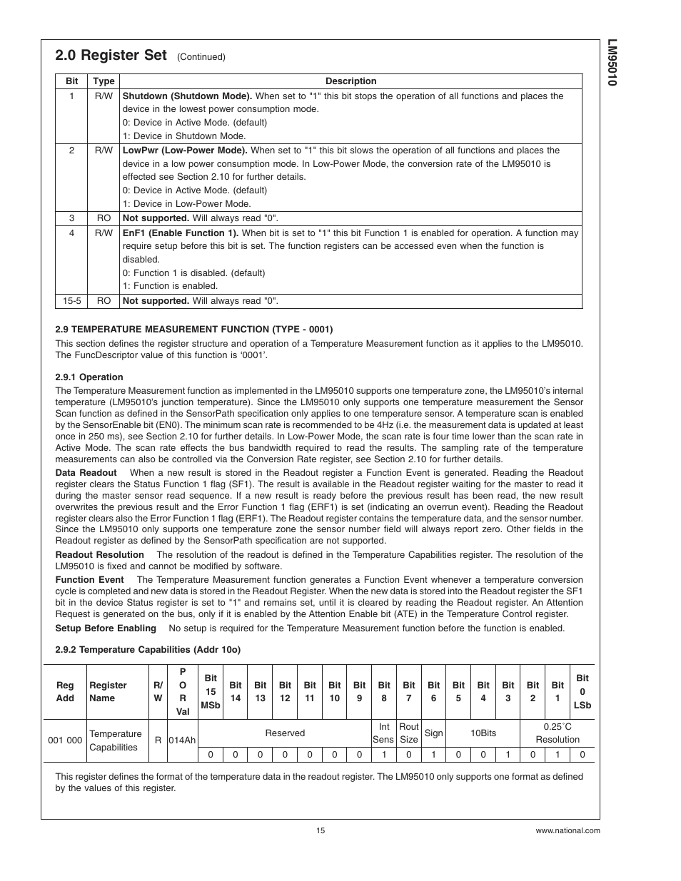 9 temperature measurement function (type - 0001), 1 operation, 2 temperature capabilities (addr 10o) | 0 register set | Rainbow Electronics LM95010 User Manual | Page 15 / 19