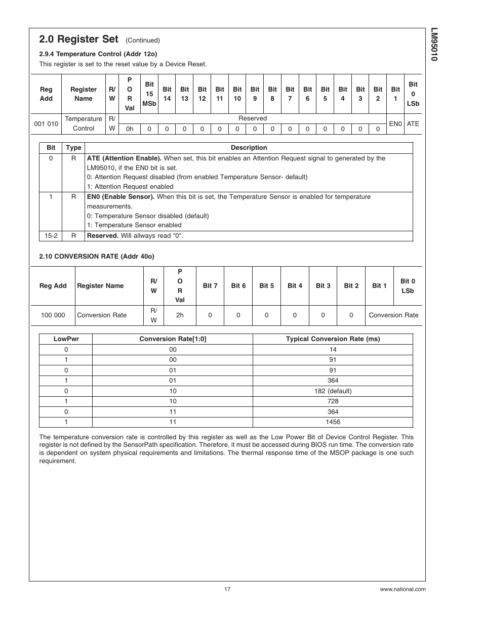 4 temperature control (addr 12o), 10 conversion rate (addr 40o), 0 register set | Rainbow Electronics LM95010 User Manual | Page 17 / 19