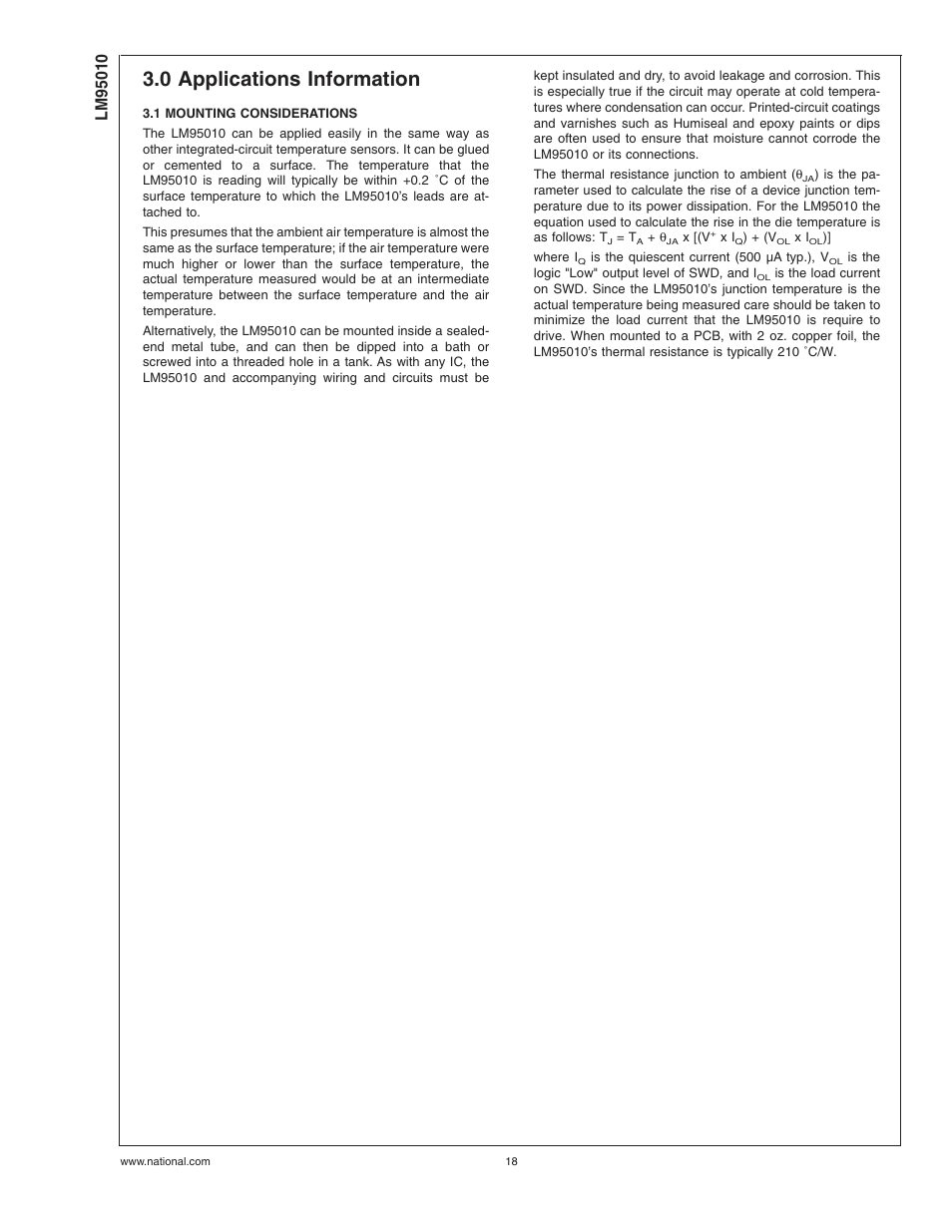 0 applications information, 1 mounting considerations | Rainbow Electronics LM95010 User Manual | Page 18 / 19
