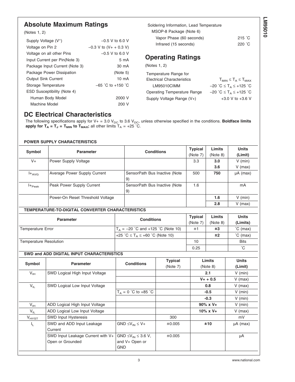 Absolute maximum ratings, Operating ratings (notes , ), Dc electrical characteristics | Operating ratings | Rainbow Electronics LM95010 User Manual | Page 3 / 19