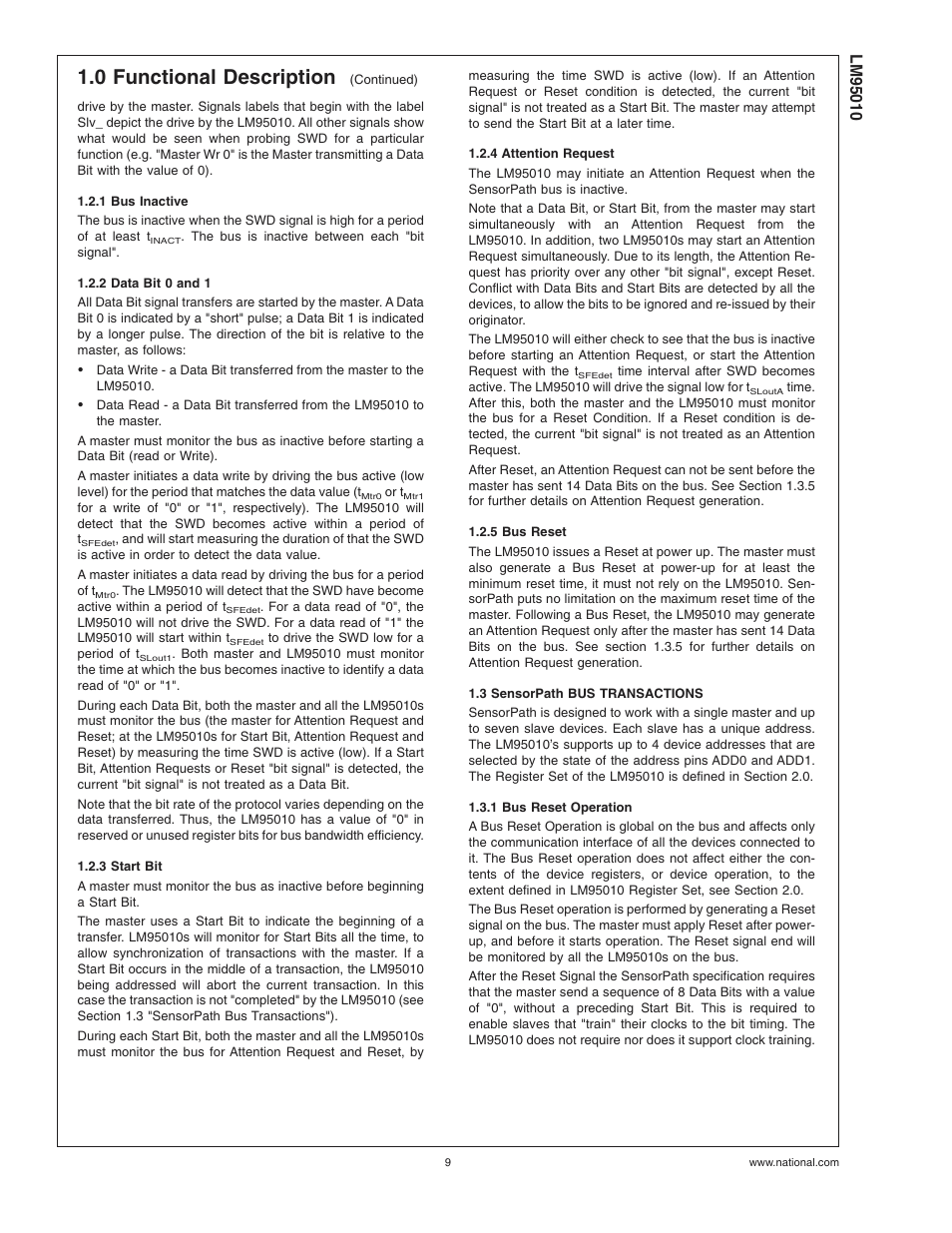 1 bus inactive, 2 data bit 0 and 1, 3 start bit | 4 attention request, 5 bus reset, 3 sensorpath bus transactions, 1 bus reset operation, 0 functional description | Rainbow Electronics LM95010 User Manual | Page 9 / 19