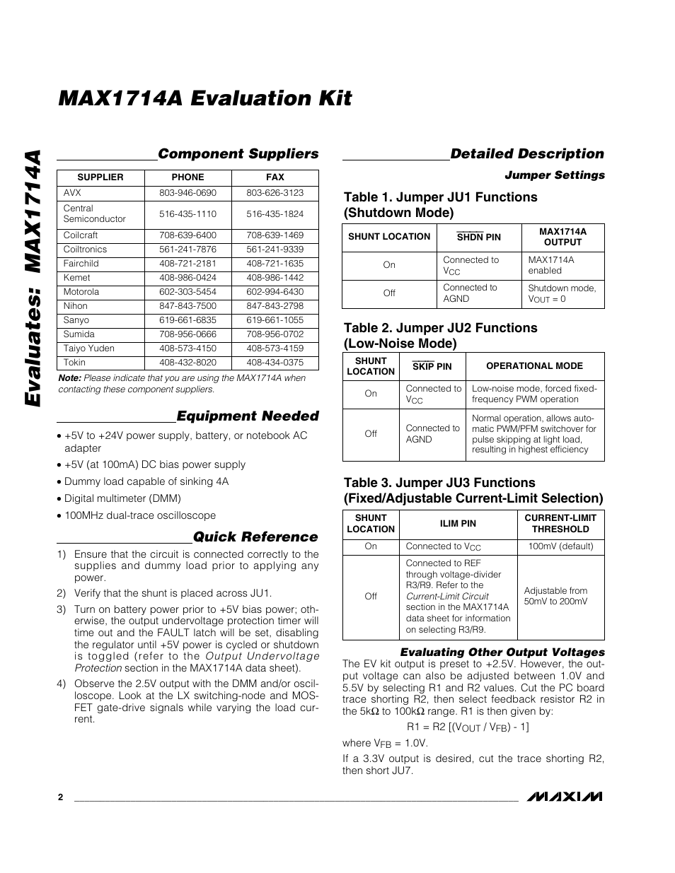 Equipment needed, Quick reference, Detailed description | Component suppliers, Table 1. jumper ju1 functions (shutdown mode), Table 2. jumper ju2 functions (low-noise mode) | Rainbow Electronics MAX1714A User Manual | Page 2 / 6