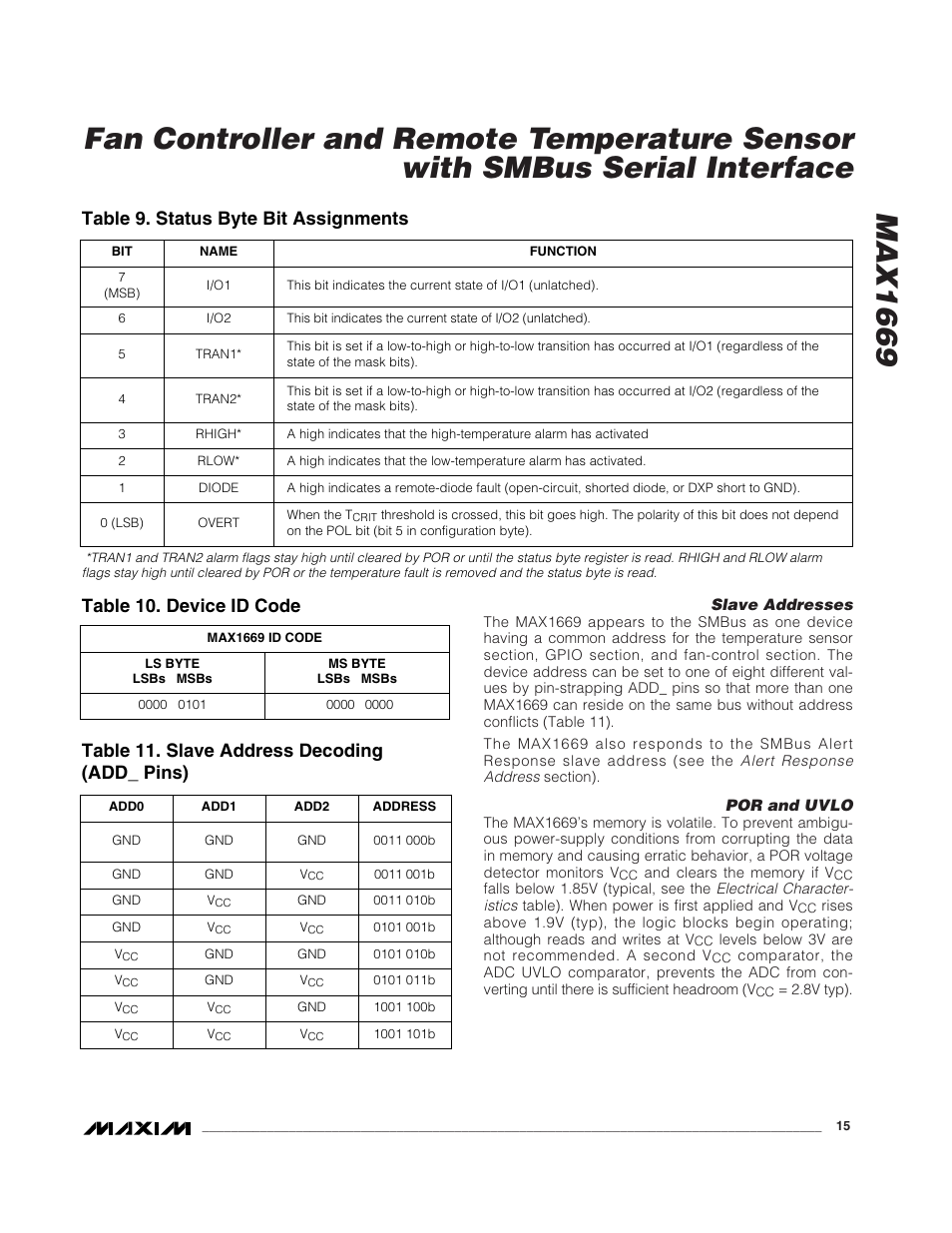 Table 9. status byte bit assignments | Rainbow Electronics MAX1669 User Manual | Page 15 / 20
