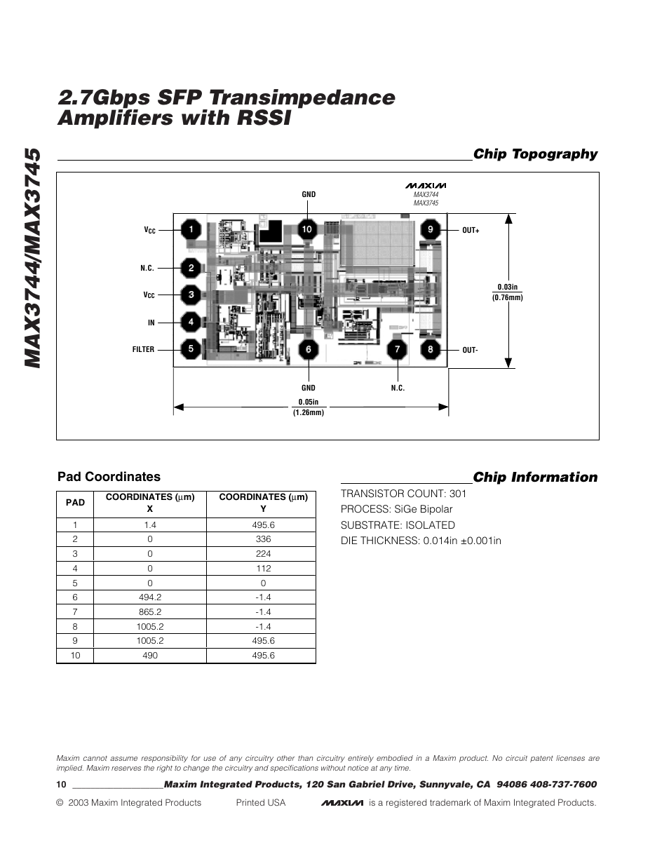 Chip information, Chip topography, Pad coordinates | Rainbow Electronics MAX3745 User Manual | Page 10 / 10