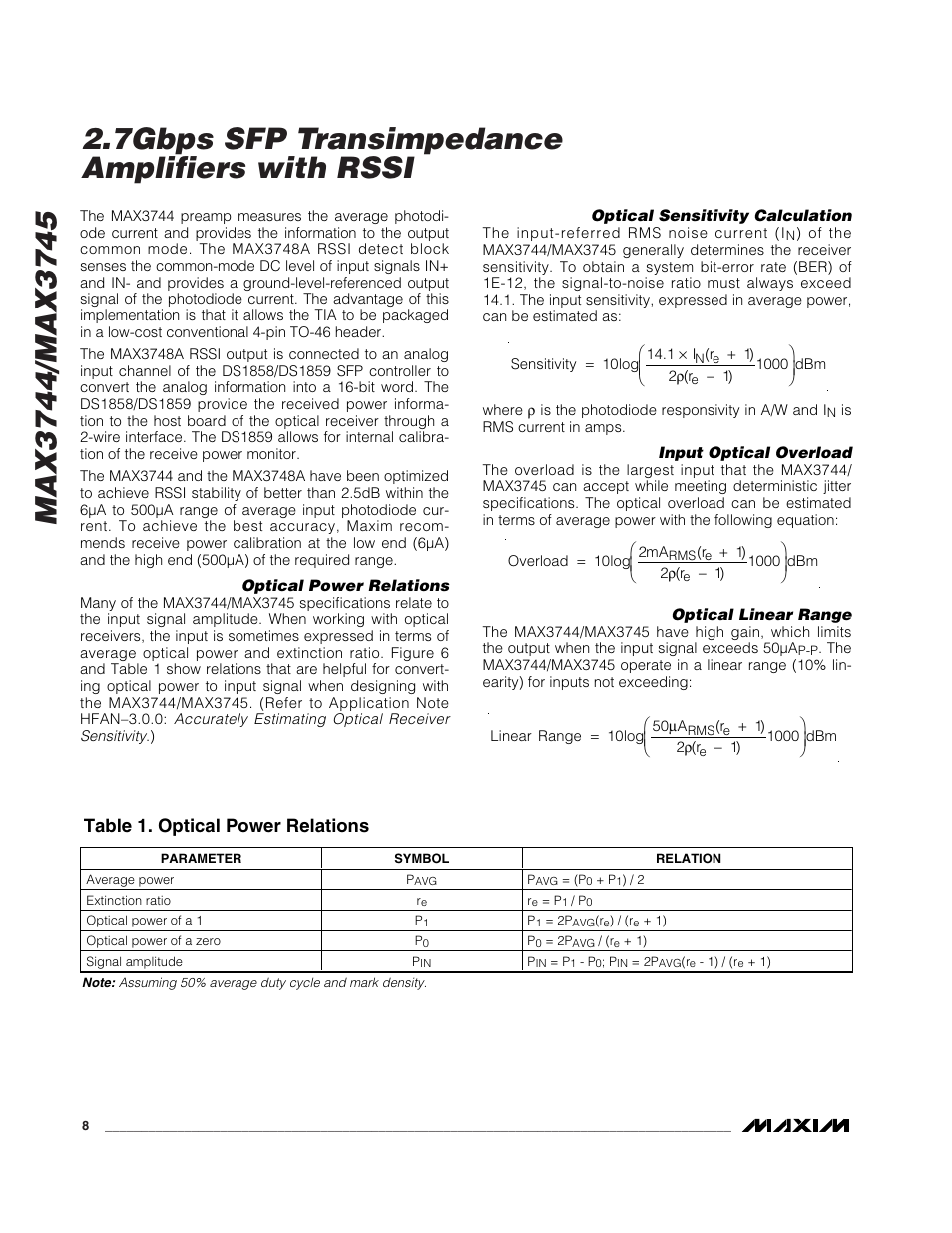 Table 1. optical power relations | Rainbow Electronics MAX3745 User Manual | Page 8 / 10