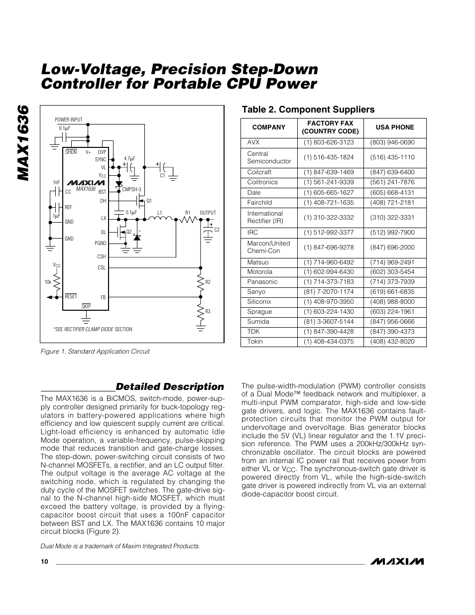 Detailed description, Table 2. component suppliers | Rainbow Electronics MAX1636 User Manual | Page 10 / 23