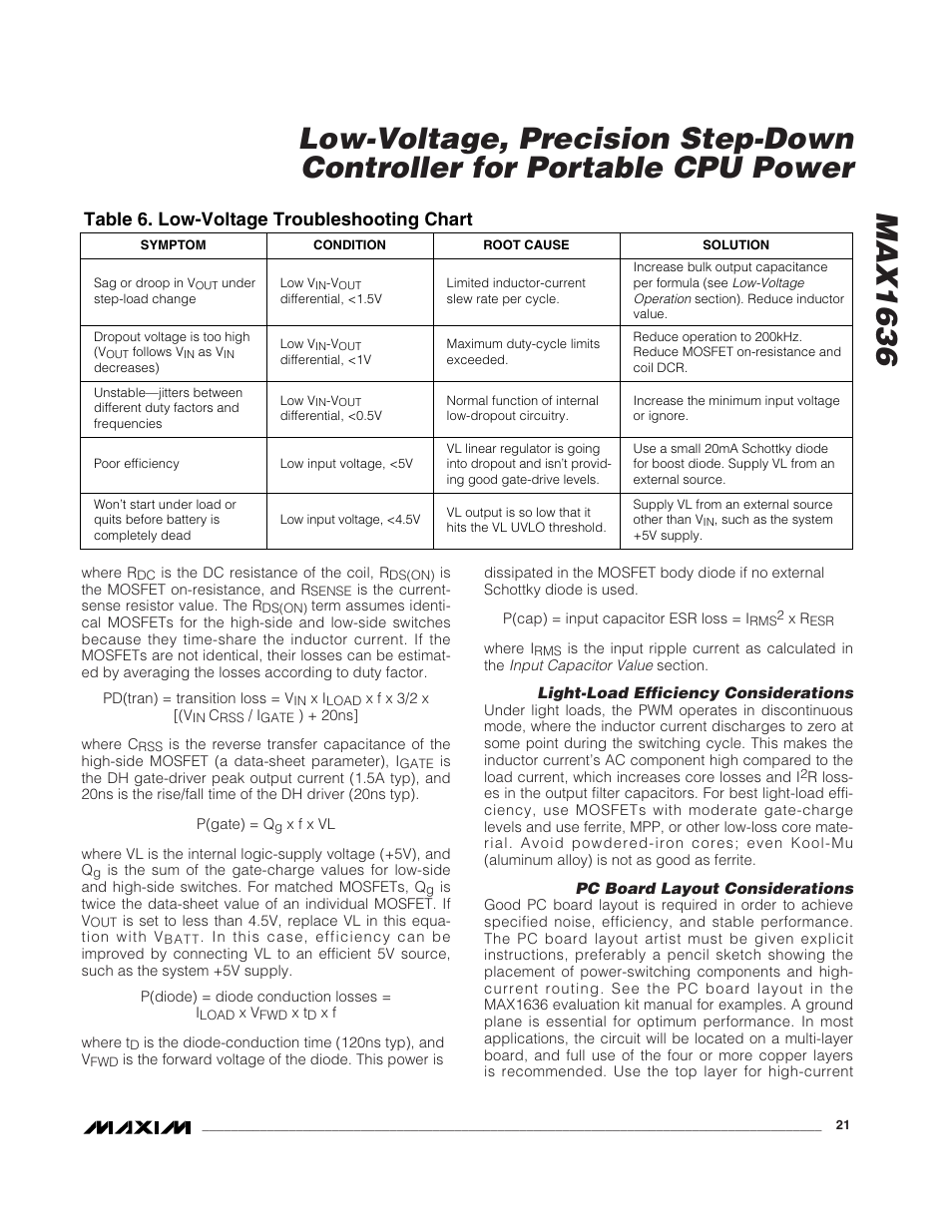 Table 6. low-voltage troubleshooting chart | Rainbow Electronics MAX1636 User Manual | Page 21 / 23