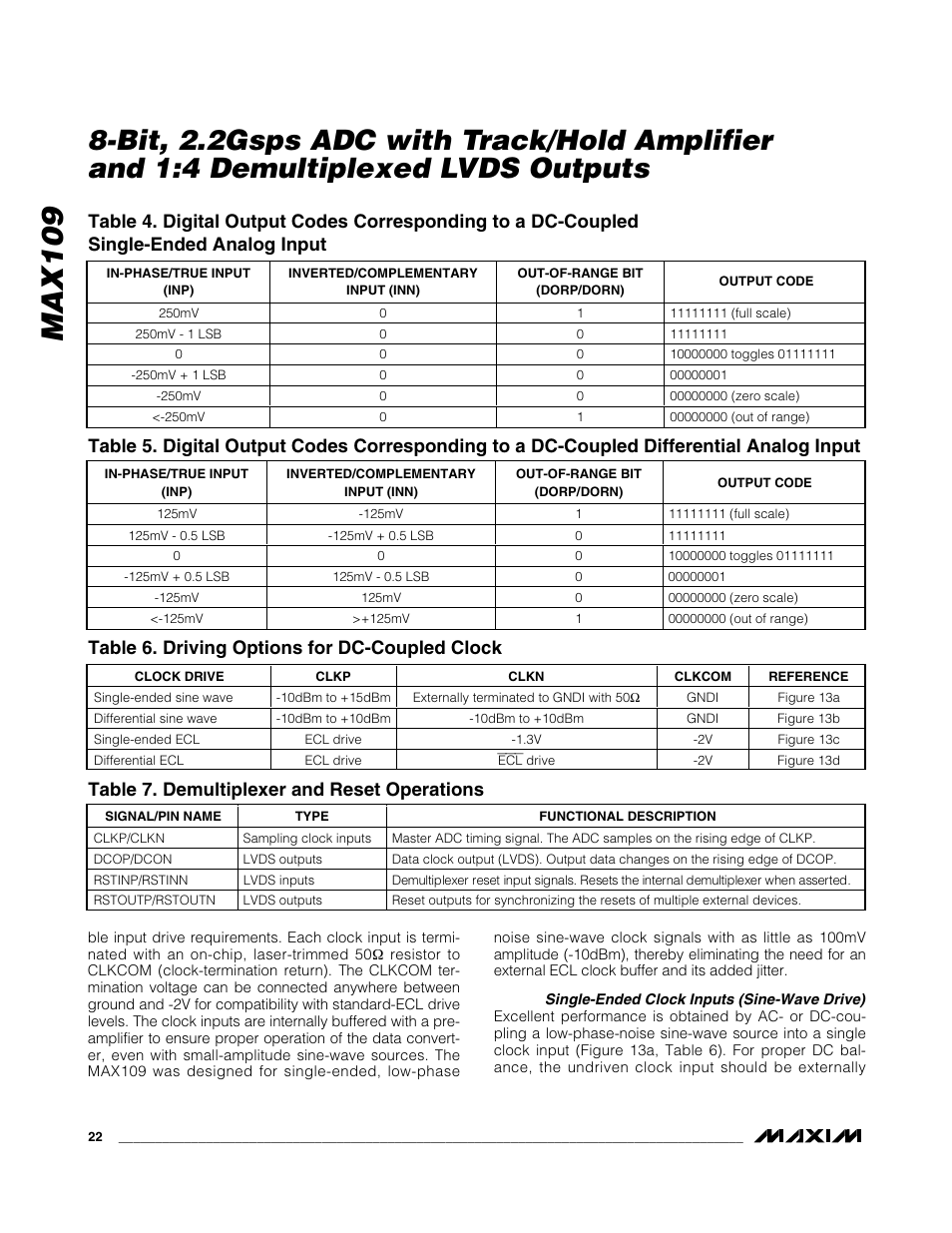 Max109, Table 6. driving options for dc-coupled clock, Table 7. demultiplexer and reset operations | Rainbow Electronics MAX109 User Manual | Page 22 / 29
