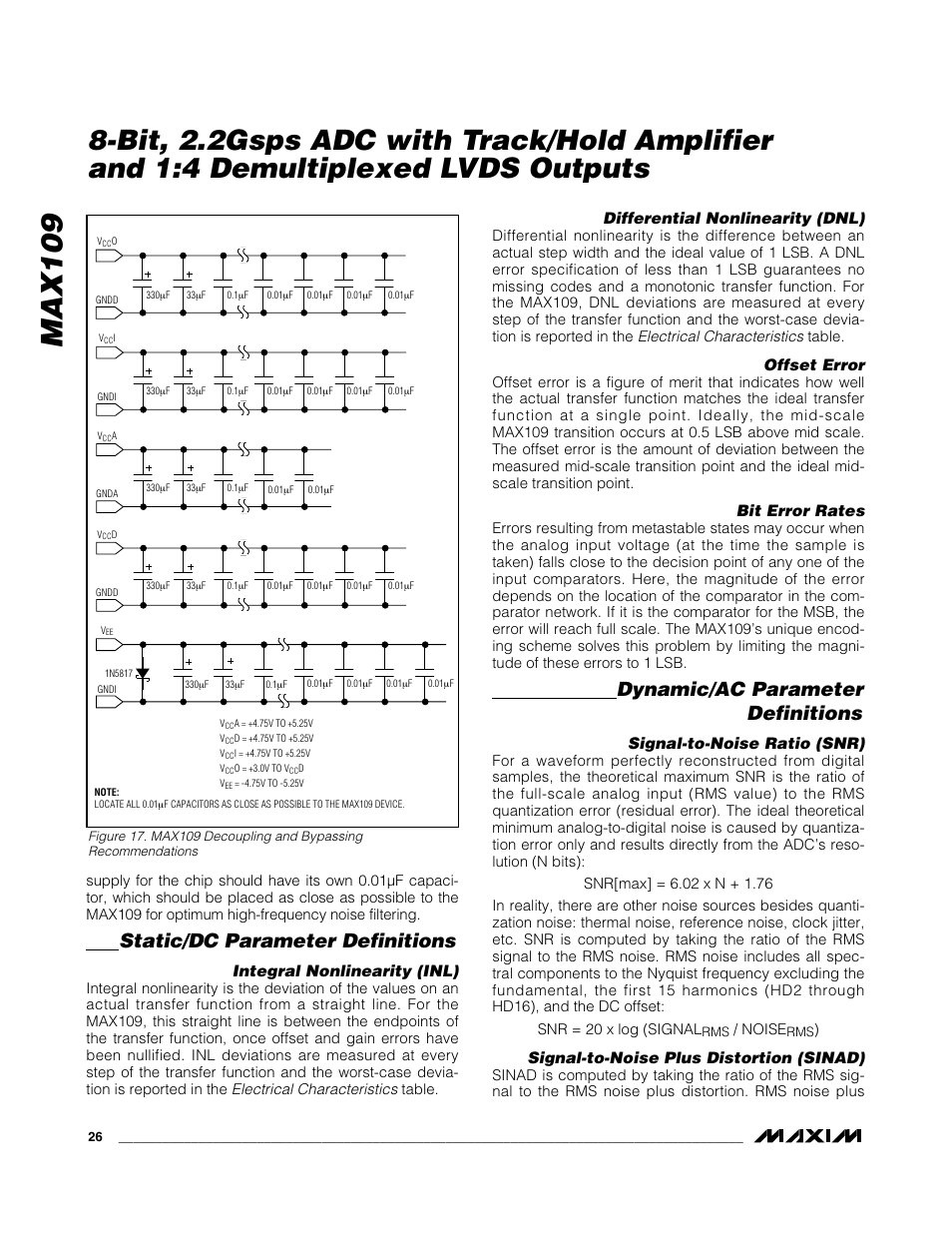 Max109, Static/dc parameter definitions, Dynamic/ac parameter definitions | Integral nonlinearity (inl), Differential nonlinearity (dnl), Offset error, Bit error rates, Signal-to-noise ratio (snr), Signal-to-noise plus distortion (sinad) | Rainbow Electronics MAX109 User Manual | Page 26 / 29