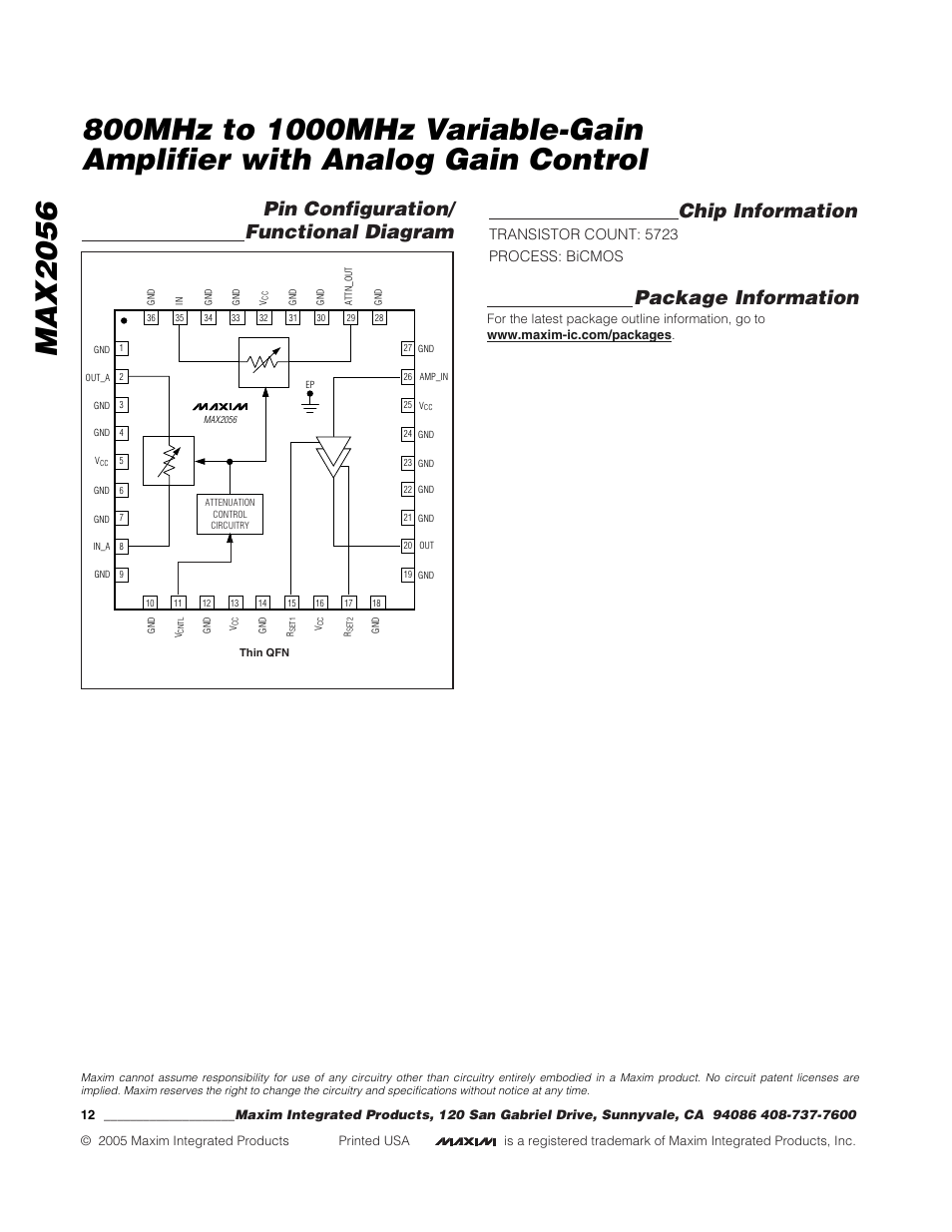 Pin configuration/ functional diagram, Chip information, Package information | Transistor count: 5723 process: bicmos | Rainbow Electronics MAX2056 User Manual | Page 12 / 12
