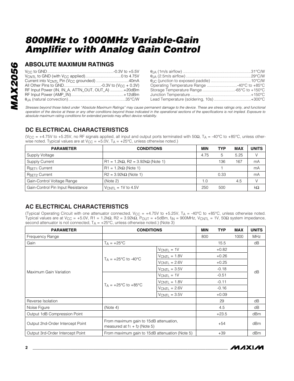 Absolute maximum ratings, Ac electrical characteristics, Dc electrical characteristics | Rainbow Electronics MAX2056 User Manual | Page 2 / 12