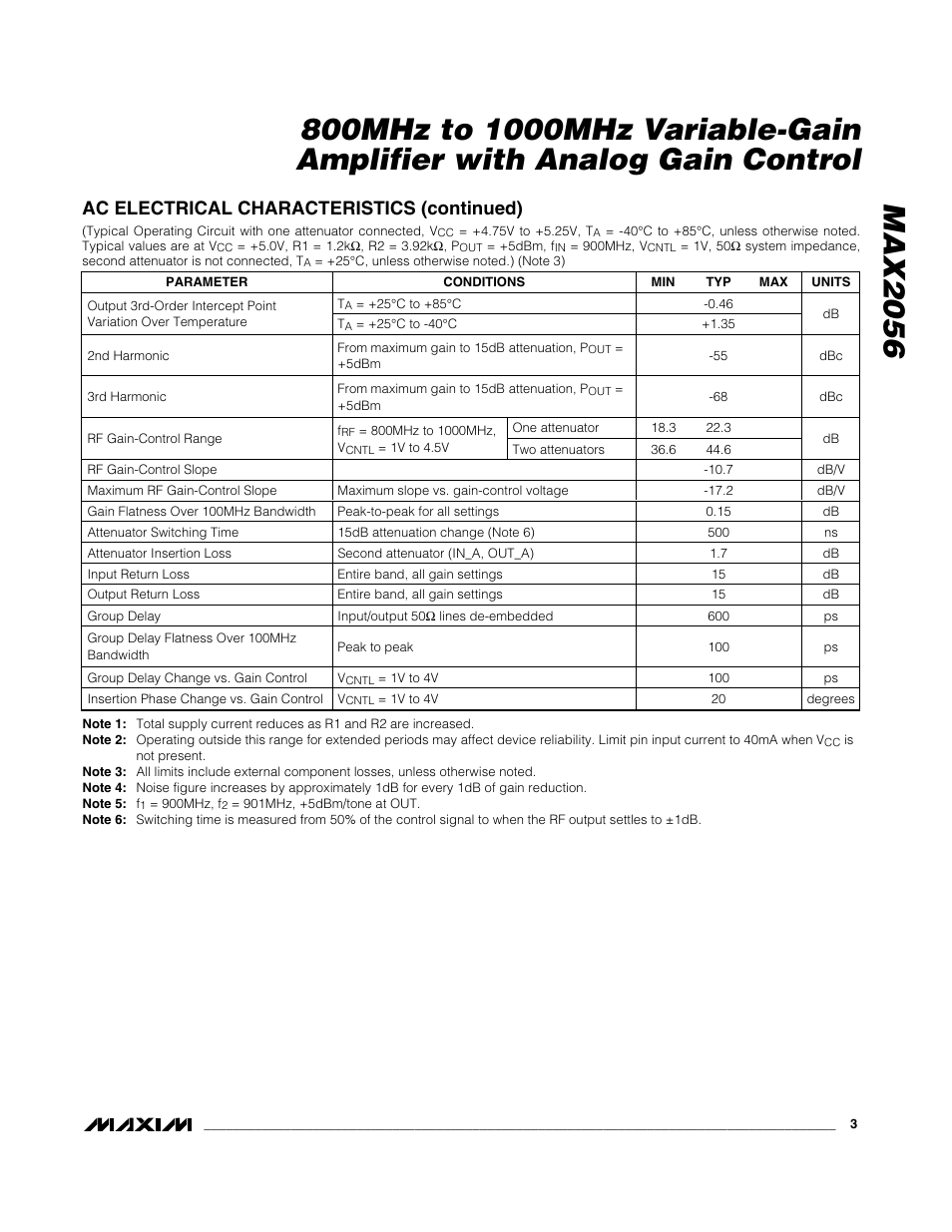 Ac electrical characteristics (continued) | Rainbow Electronics MAX2056 User Manual | Page 3 / 12