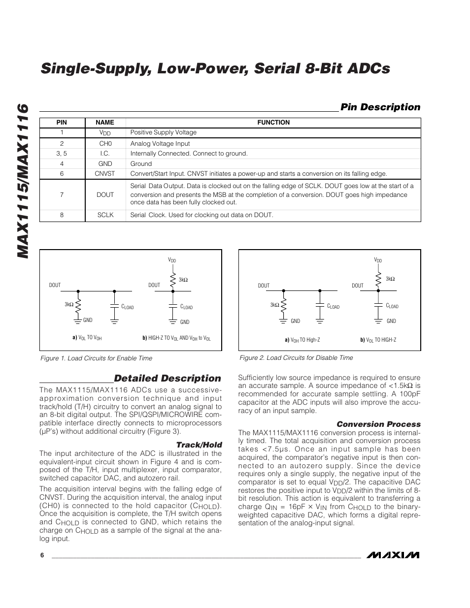 Single-supply, low-power, serial 8-bit adcs, Detailed description, Pin description | Rainbow Electronics MAX1116 User Manual | Page 6 / 12