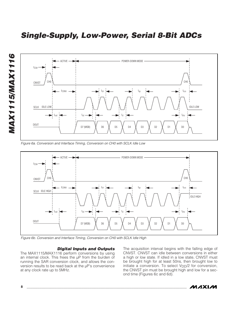 Single-supply, low-power, serial 8-bit adcs, Digital inputs and outputs | Rainbow Electronics MAX1116 User Manual | Page 8 / 12
