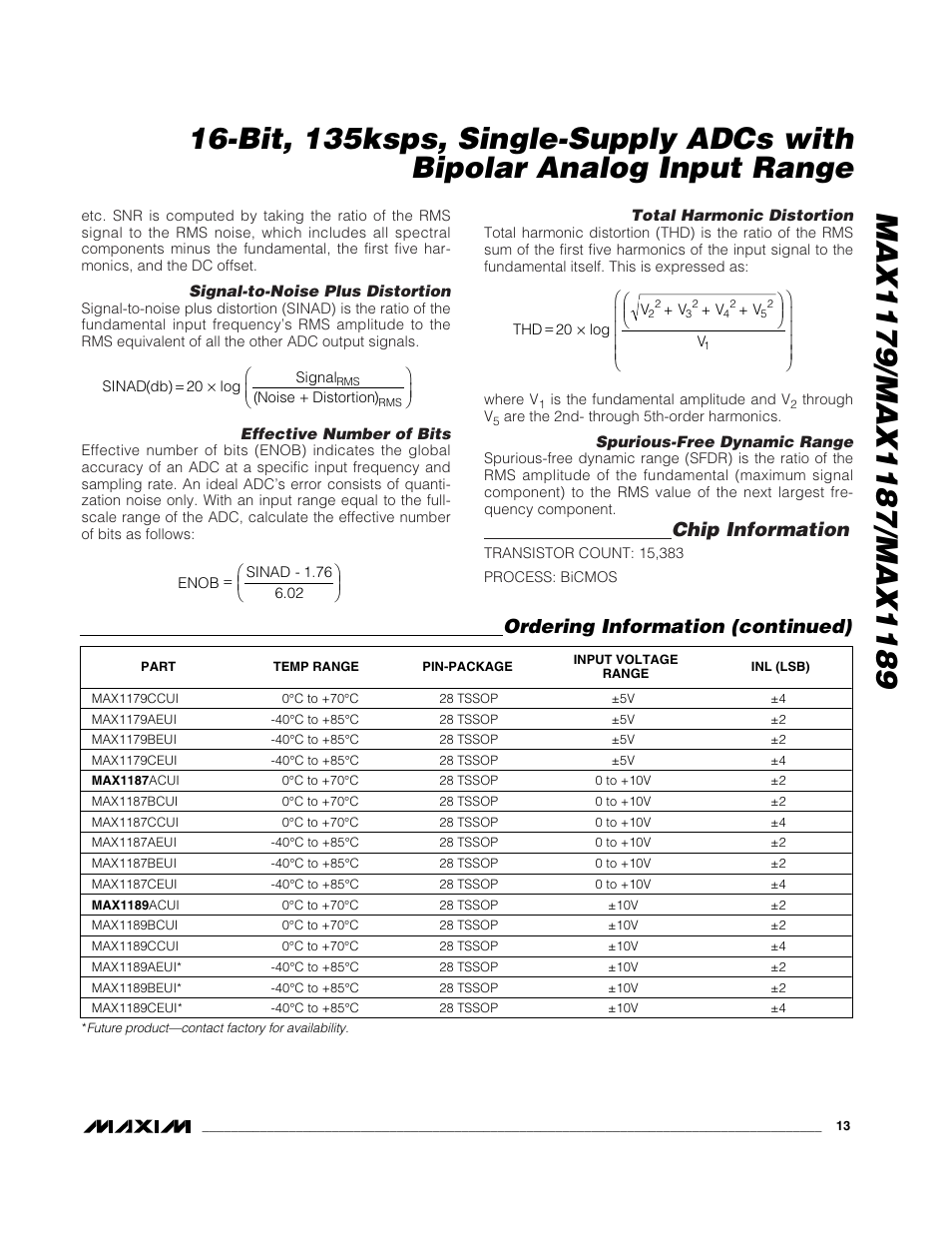 Chip information, Ordering information (continued) | Rainbow Electronics MAX1189 User Manual | Page 13 / 15