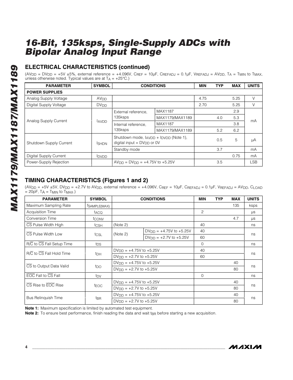 Electrical characteristics (continued), Timing characteristics (figures 1 and 2) | Rainbow Electronics MAX1189 User Manual | Page 4 / 15