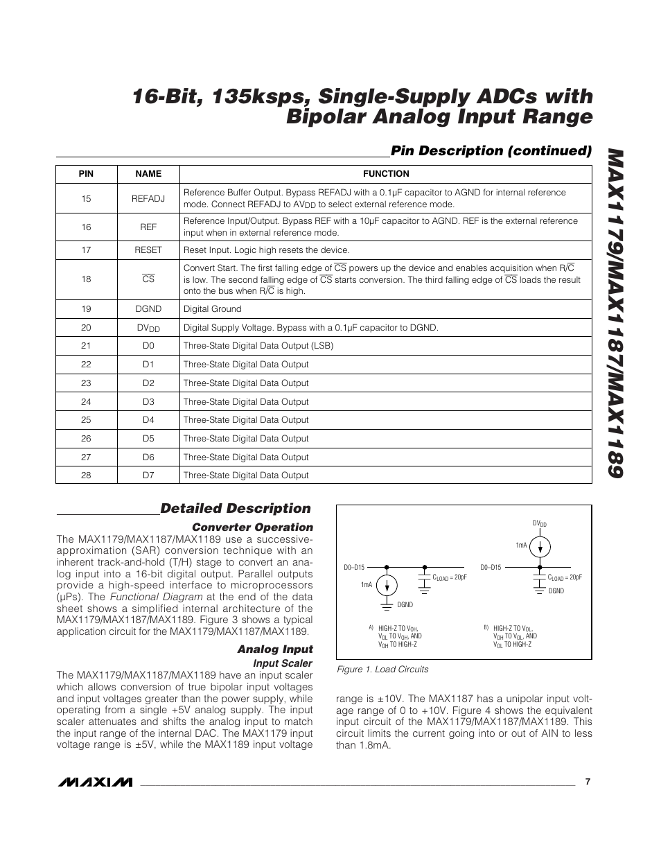 Detailed description, Pin description (continued) | Rainbow Electronics MAX1189 User Manual | Page 7 / 15