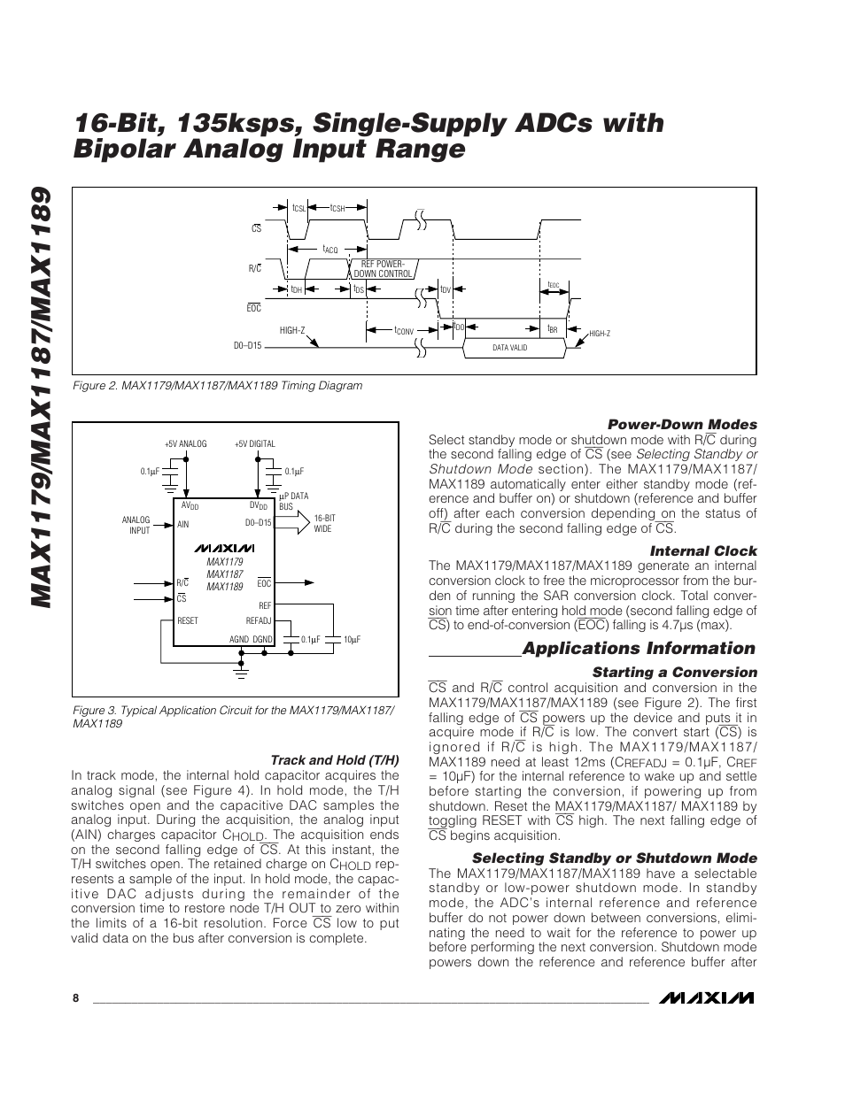 Applications information, Power-down modes, Internal clock | Starting a conversion, Selecting standby or shutdown mode | Rainbow Electronics MAX1189 User Manual | Page 8 / 15