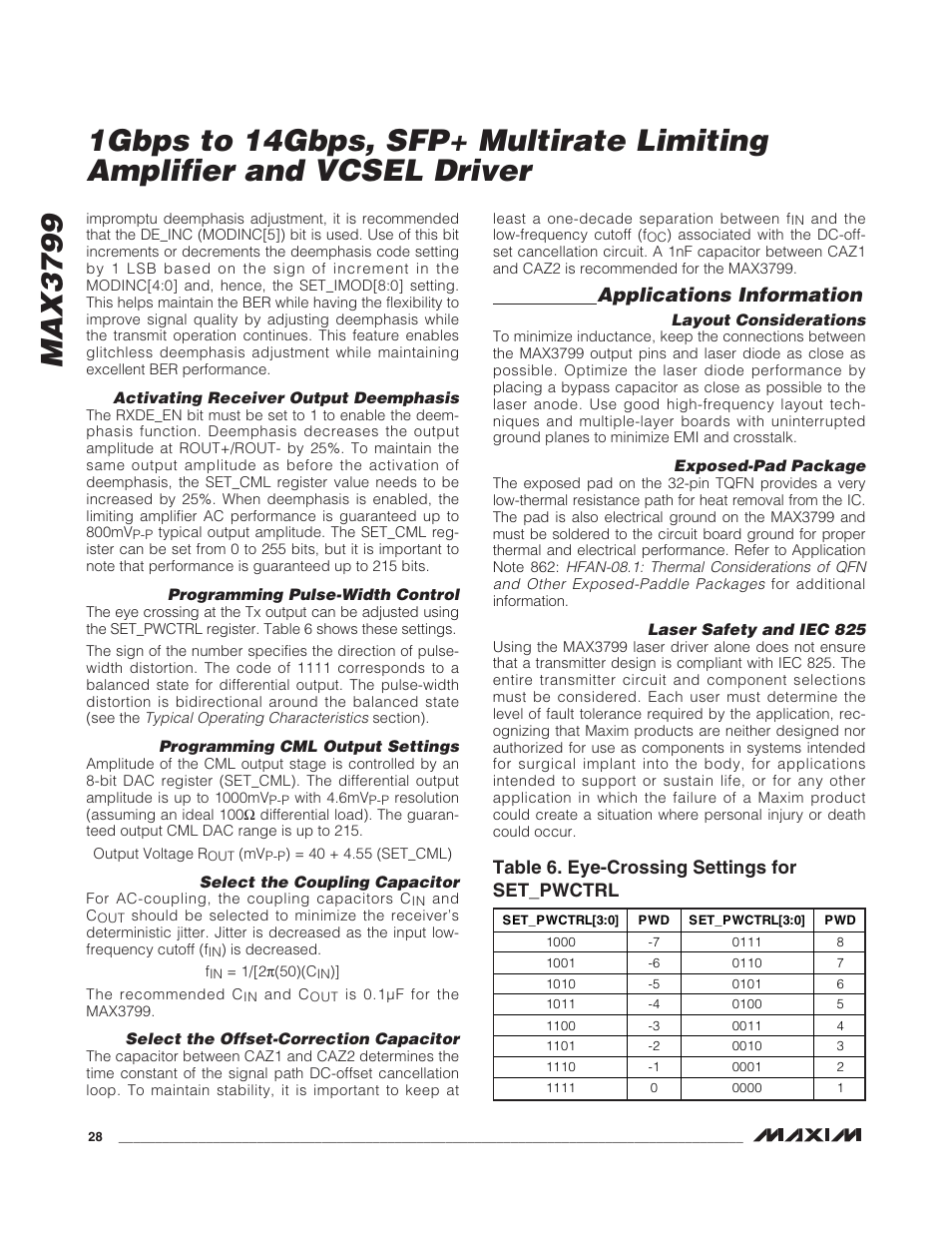 Max3799, Applications information, Table 6. eye-crossing settings for set_pwctrl | Rainbow Electronics MAX3799 User Manual | Page 28 / 35