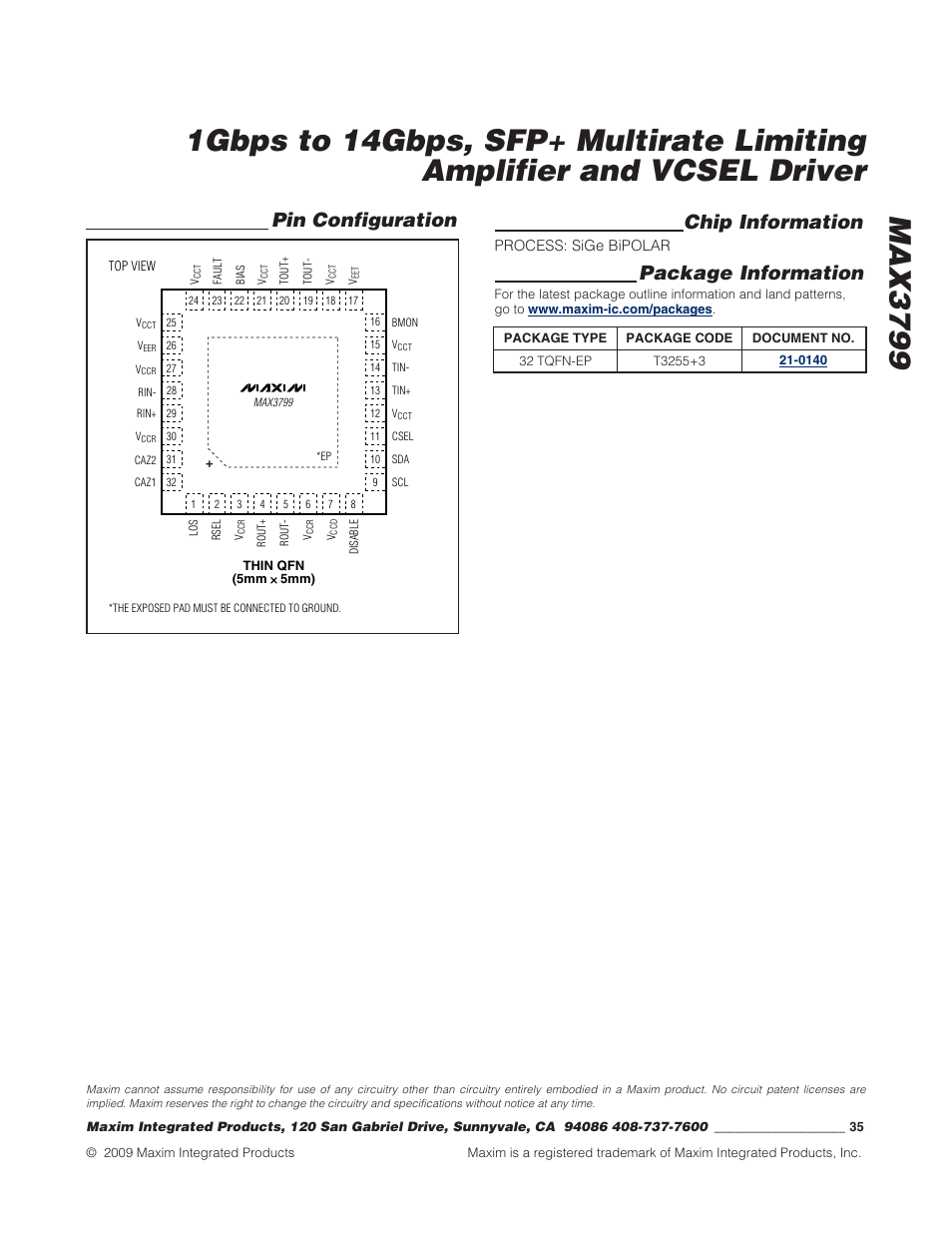 Pin configuration chip information, Package information | Rainbow Electronics MAX3799 User Manual | Page 35 / 35