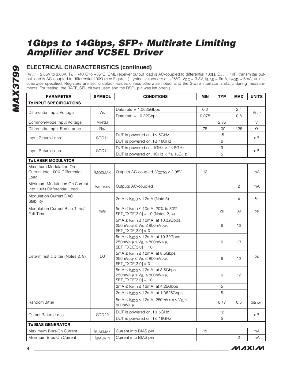 Electrical characteristics (continued) | Rainbow Electronics MAX3799 User Manual | Page 4 / 35