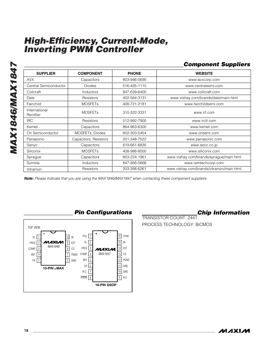 Chip information, Component suppliers, Pin configurations | Rainbow Electronics MAX1847 User Manual | Page 18 / 20