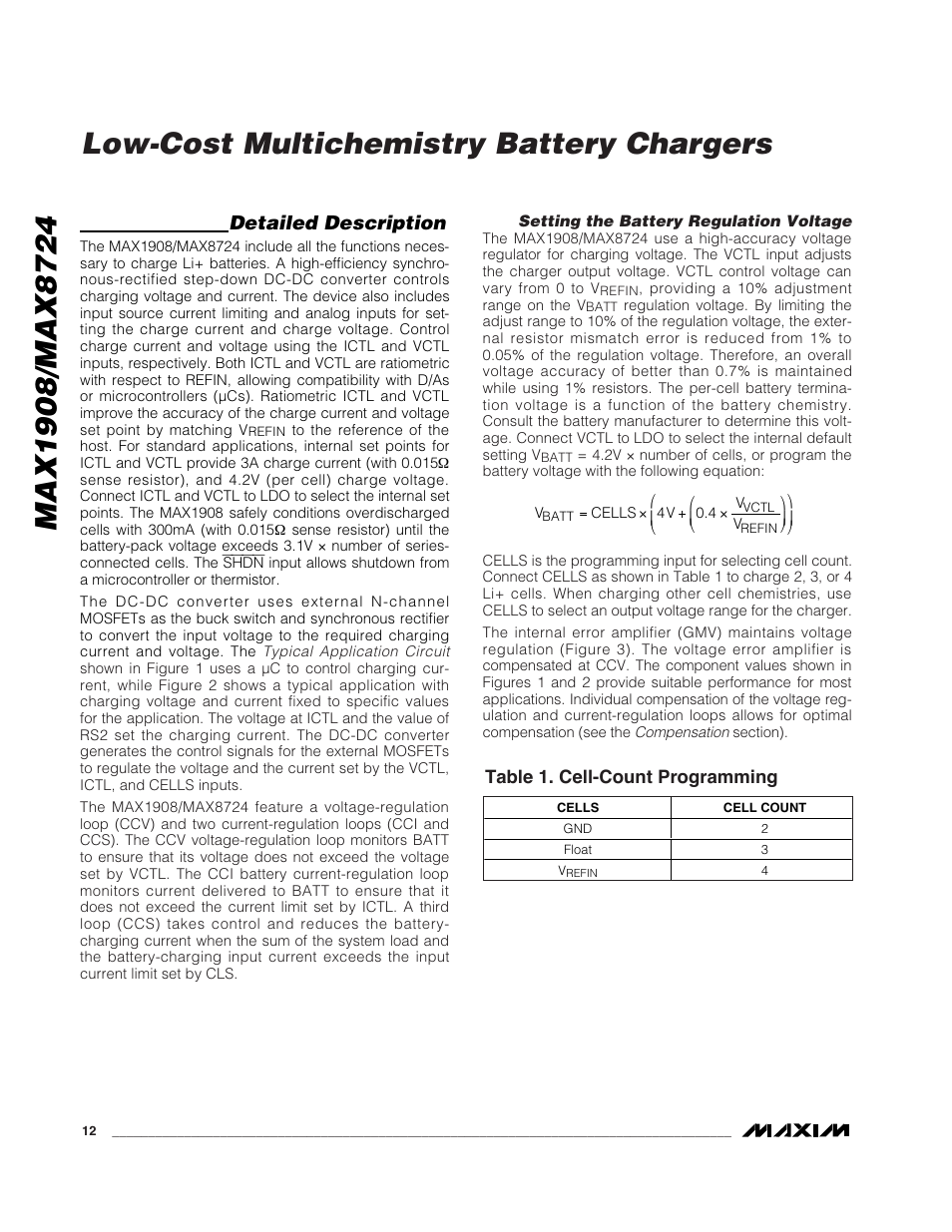 Low-cost multichemistry battery chargers, Detailed description, Table 1. cell-count programming | Rainbow Electronics MAX8724 User Manual | Page 12 / 27