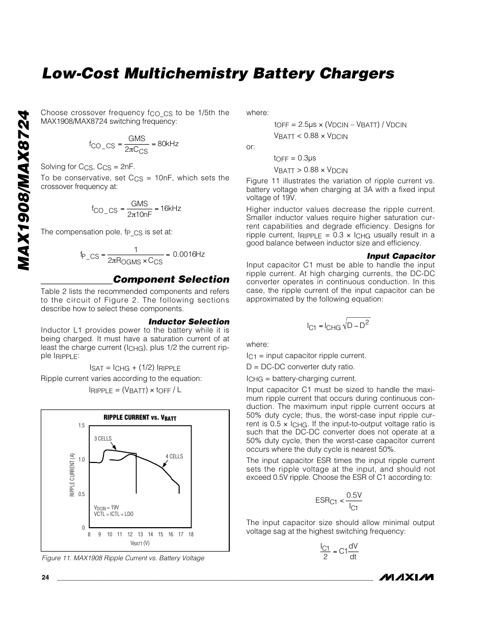 Low-cost multichemistry battery chargers, Component selection | Rainbow Electronics MAX8724 User Manual | Page 24 / 27