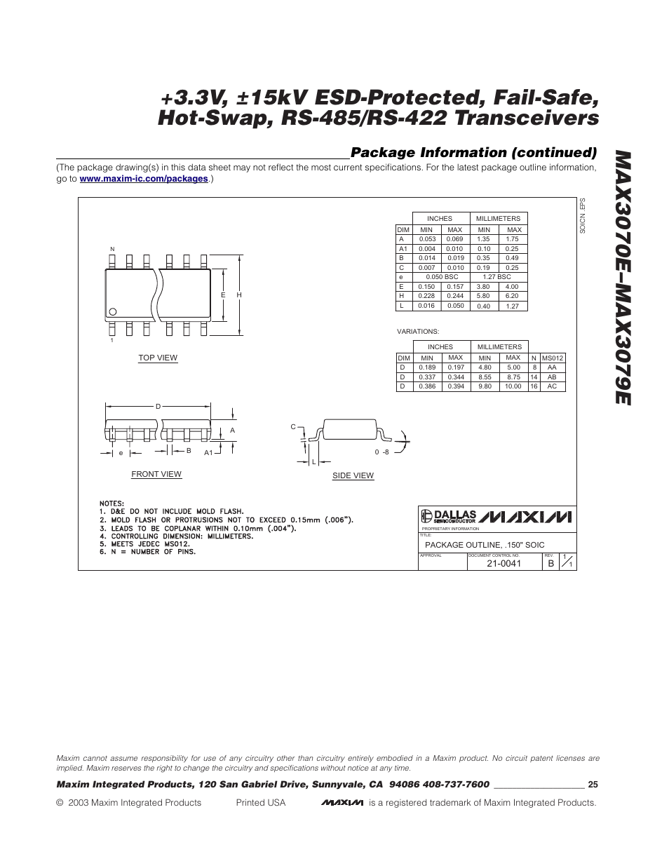 Package information (continued) | Rainbow Electronics MAX3079E User Manual | Page 25 / 25