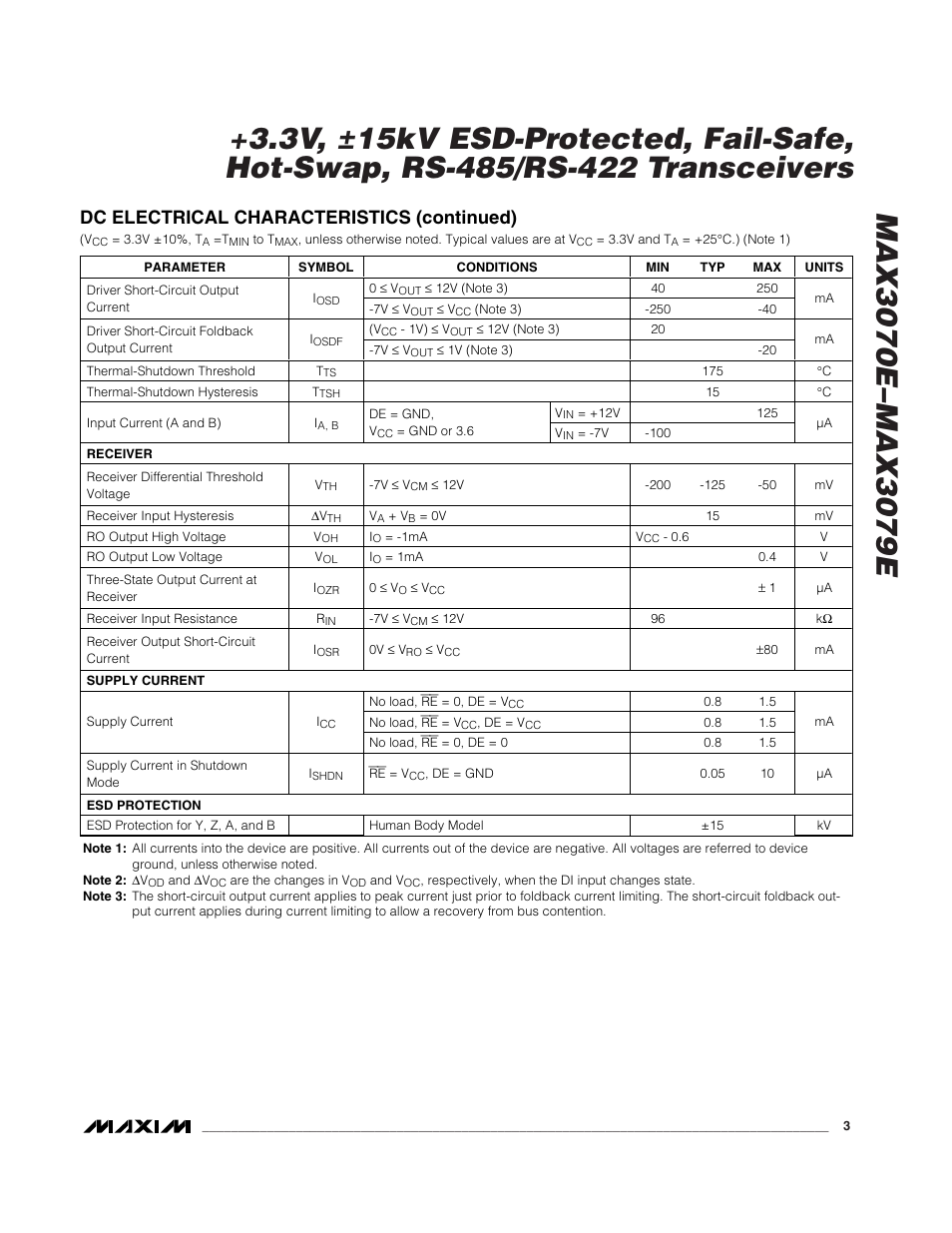 Dc electrical characteristics (continued) | Rainbow Electronics MAX3079E User Manual | Page 3 / 25