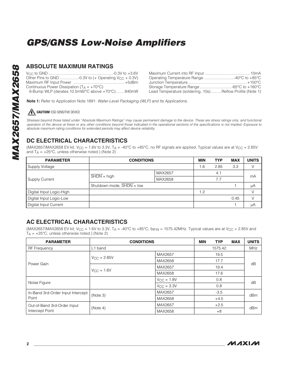 Ac electrical characteristics | Rainbow Electronics MAX2658 User Manual | Page 2 / 8