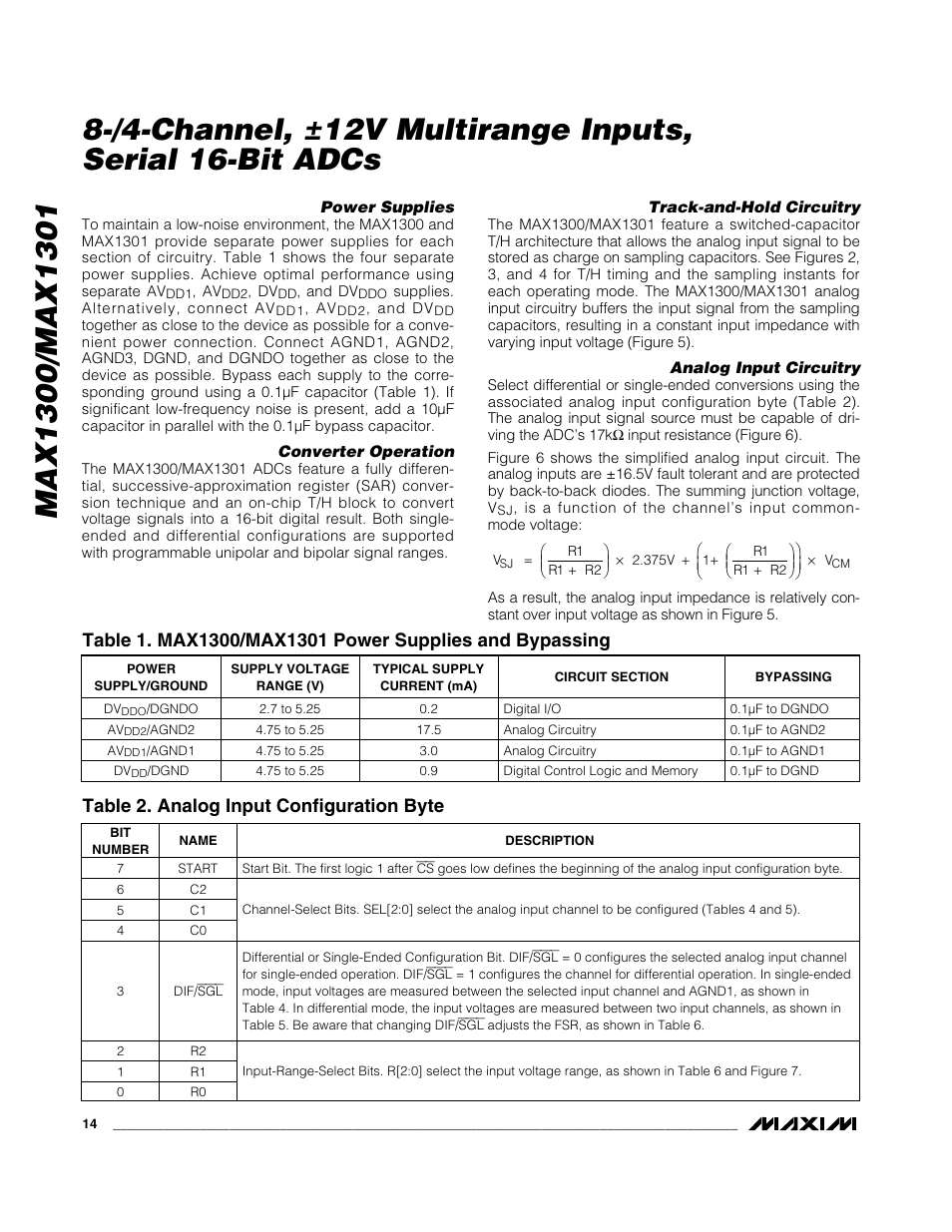 Table 2. analog input configuration byte | Rainbow Electronics MAX1301 User Manual | Page 14 / 31