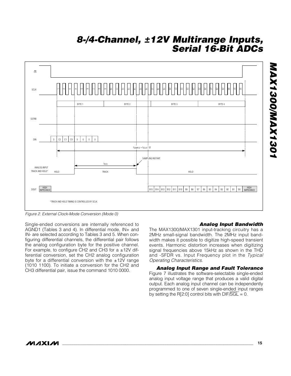 Analog input bandwidth, Analog input range and fault tolerance, Figure 2. external clock-mode conversion (mode 0) | Rainbow Electronics MAX1301 User Manual | Page 15 / 31