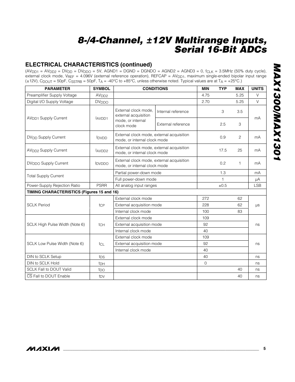 Electrical characteristics (continued) | Rainbow Electronics MAX1301 User Manual | Page 5 / 31