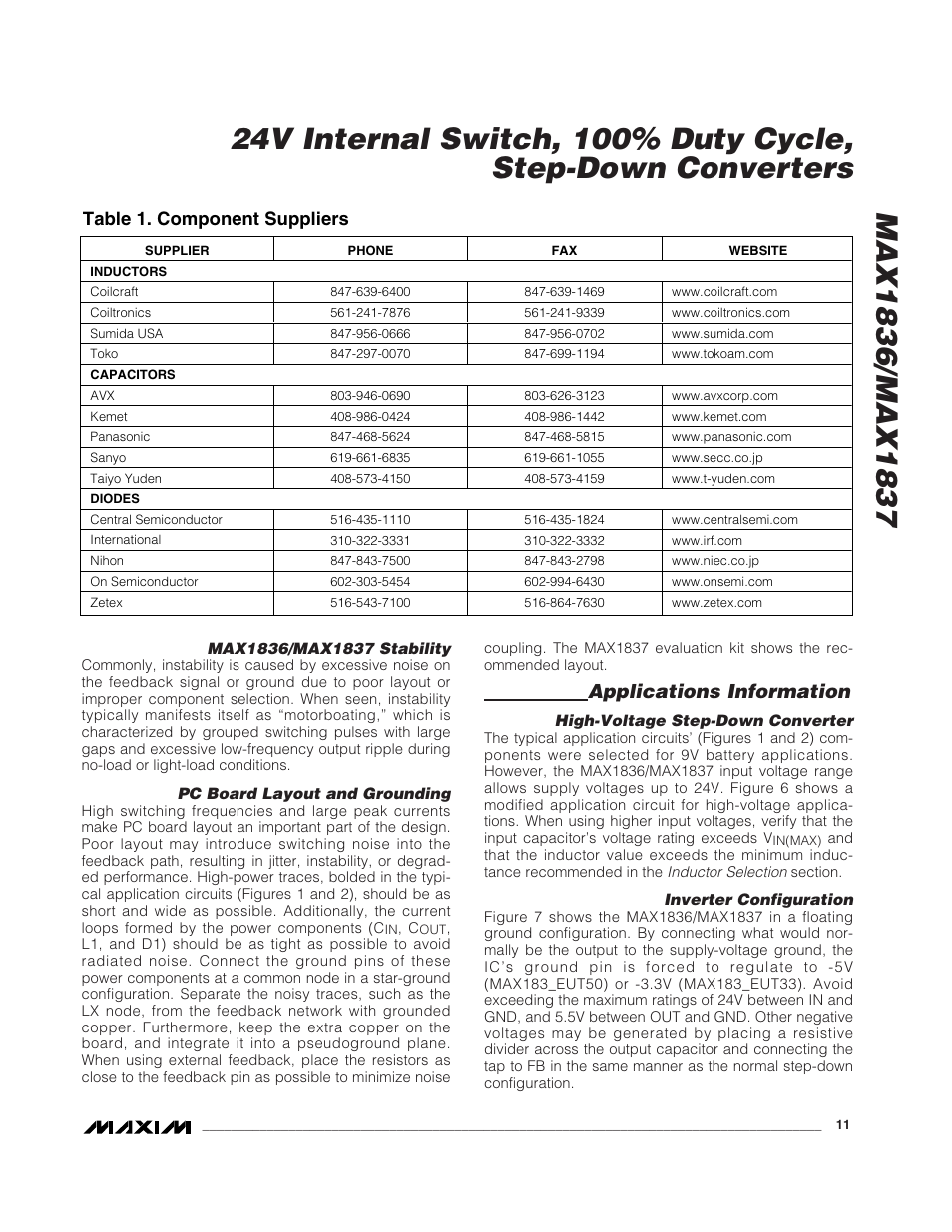 Applications information, Table 1. component suppliers | Rainbow Electronics MAX1837 User Manual | Page 11 / 13