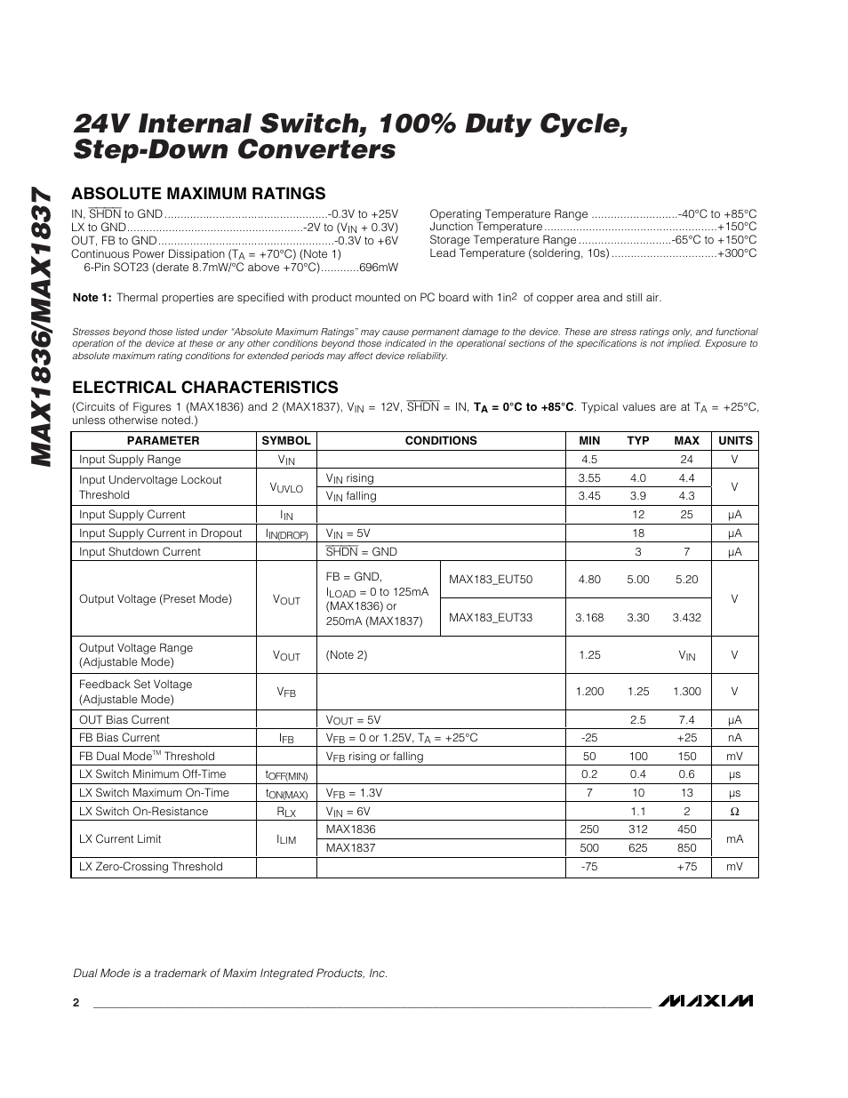 Absolute maximum ratings, Electrical characteristics | Rainbow Electronics MAX1837 User Manual | Page 2 / 13