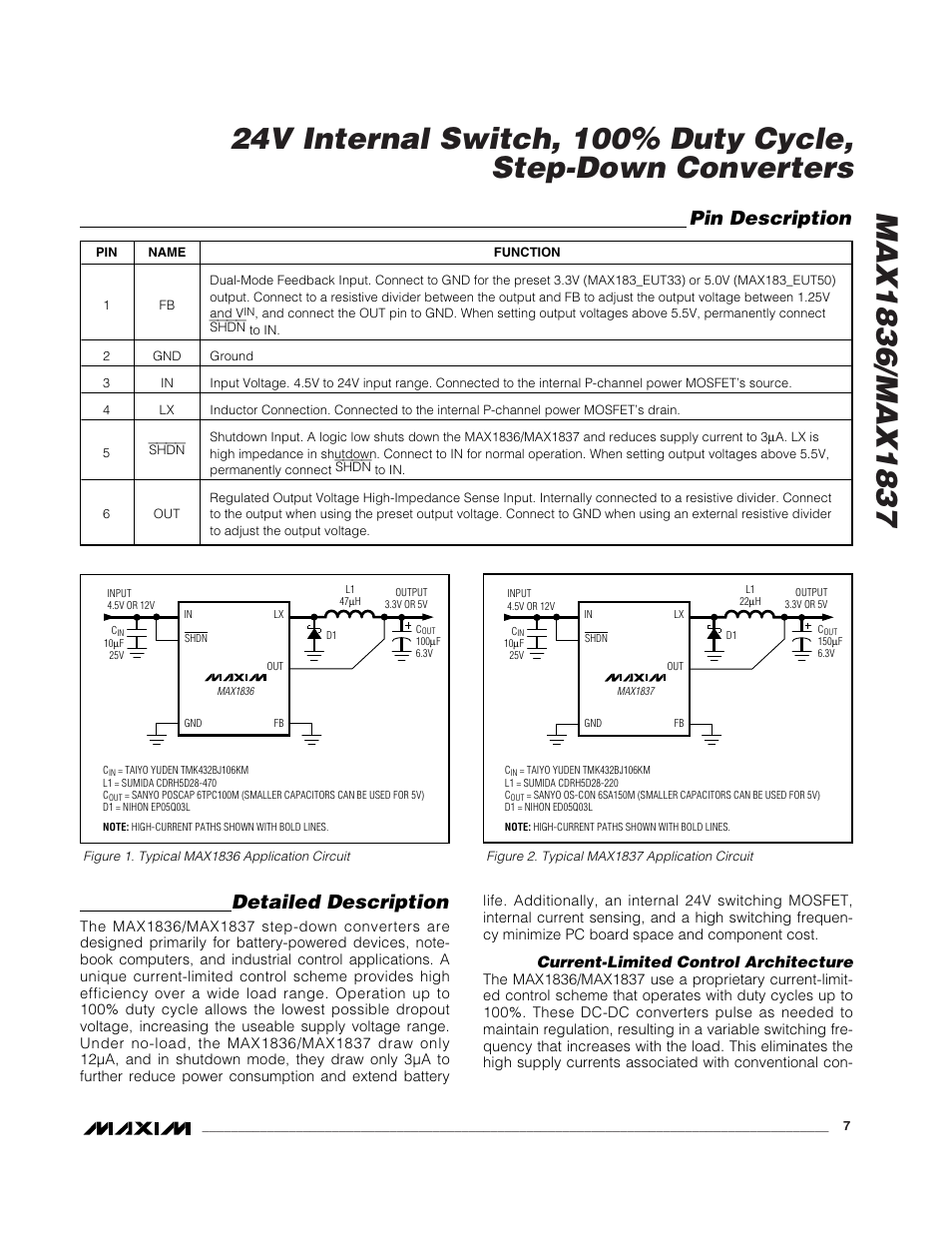 Detailed description, Pin description, Current-limited control architecture | Rainbow Electronics MAX1837 User Manual | Page 7 / 13