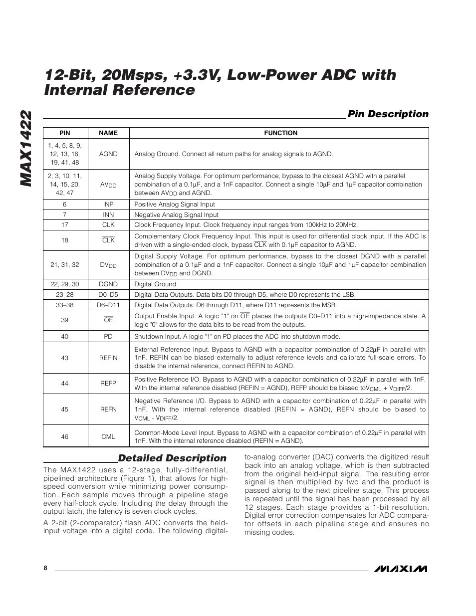 Max1422, Detailed description, Pin description | Rainbow Electronics MAX1422 User Manual | Page 8 / 15