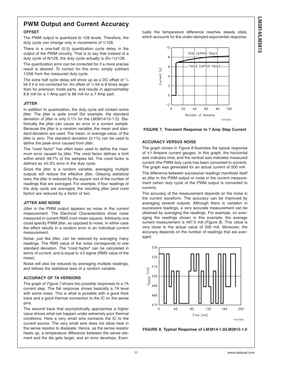 Pwm output and current accuracy, Offset, Jitter | Jitter and noise, Accuracy of 7a versions, Figure 7. transient response to 7 amp step current, Accuracy versus noise | Rainbow Electronics LM3815 User Manual | Page 11 / 14