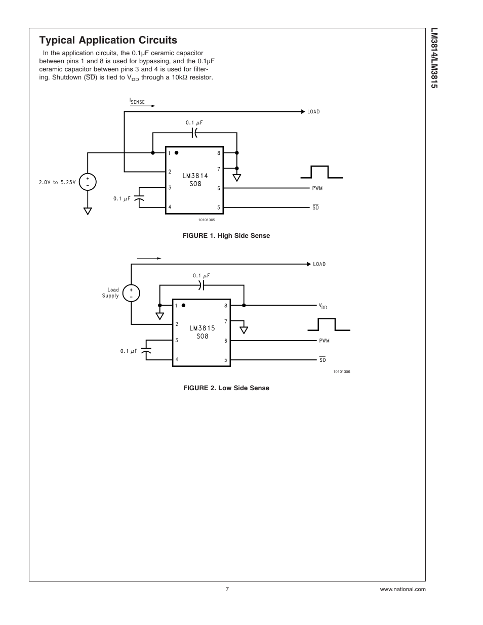 Typical application circuits, Figure 1. high side sense, Figure 2. low side sense | Rainbow Electronics LM3815 User Manual | Page 7 / 14