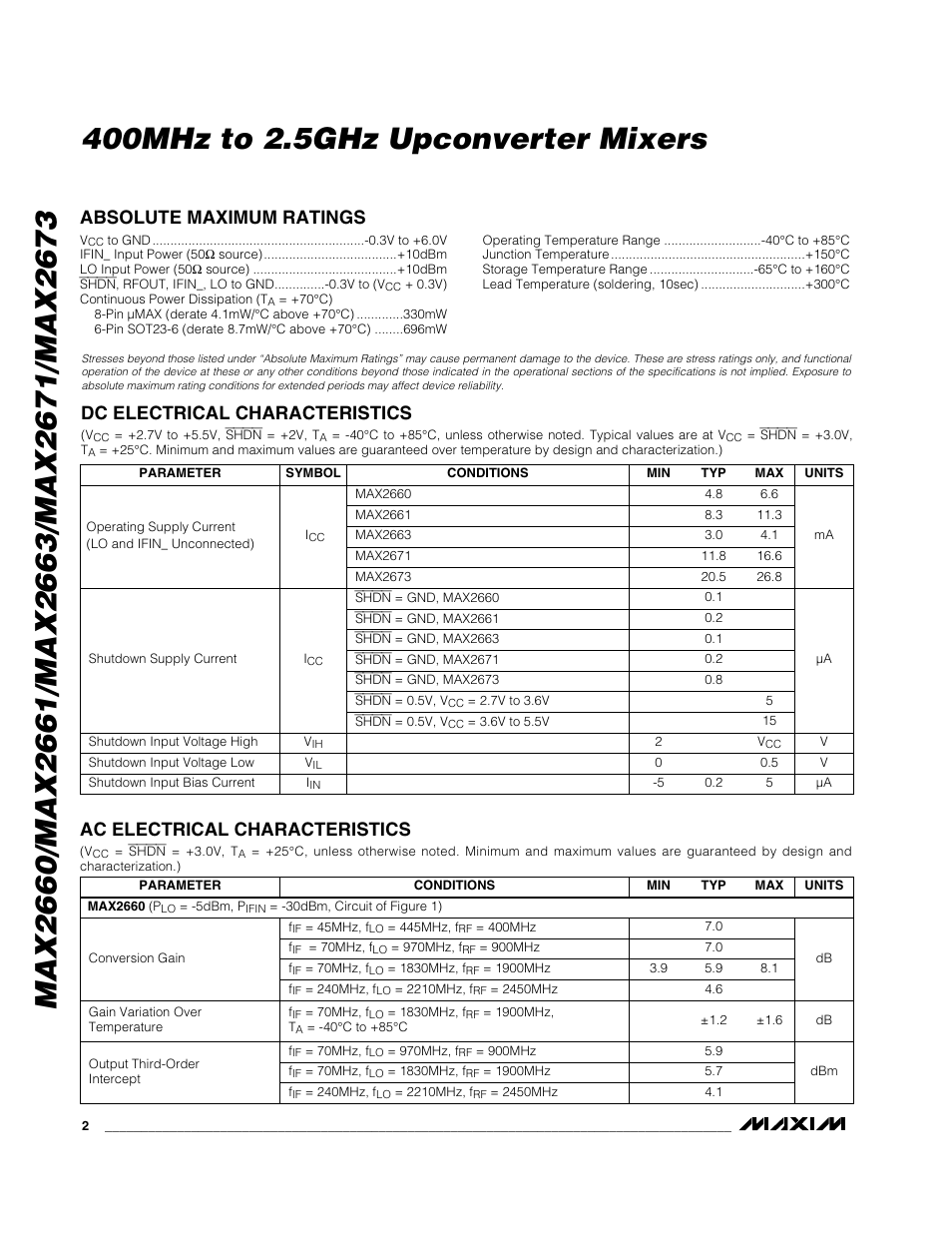 Ac electrical characteristics | Rainbow Electronics MAX2673 User Manual | Page 2 / 16