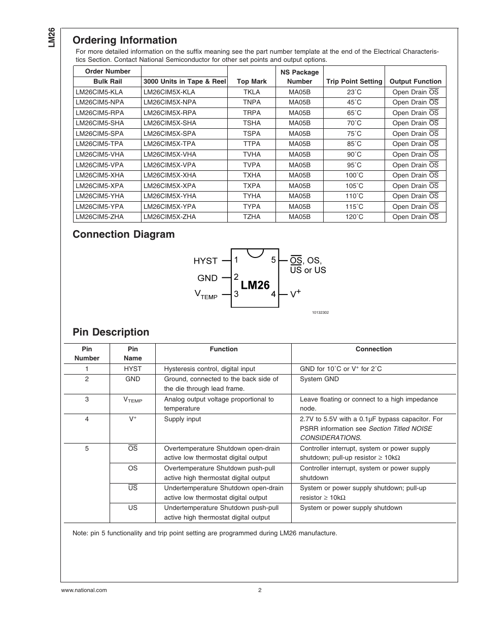 Ordering information, Connection diagram, Pin description | Rainbow Electronics LM26 User Manual | Page 2 / 9