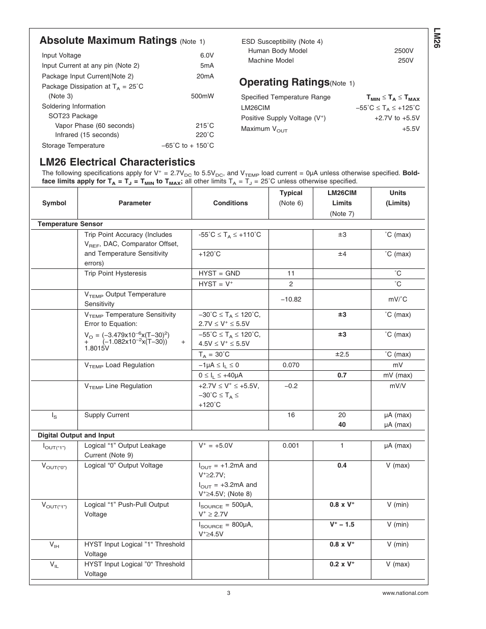 Absolute maximum ratings, Operating ratings, Lm26 electrical characteristics | Lm26 | Rainbow Electronics LM26 User Manual | Page 3 / 9