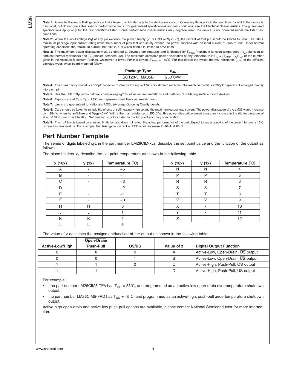 Part number template, Note 1), Note 2) | Current(note 2), Note 3), Note 4), Ratings, Note 6), Note 7), Note 9) | Rainbow Electronics LM26 User Manual | Page 4 / 9